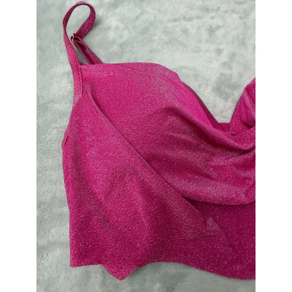NWT BAR III Women's Cowl-neck Shimmer Bikini Top Pink Handkerchief Large $48